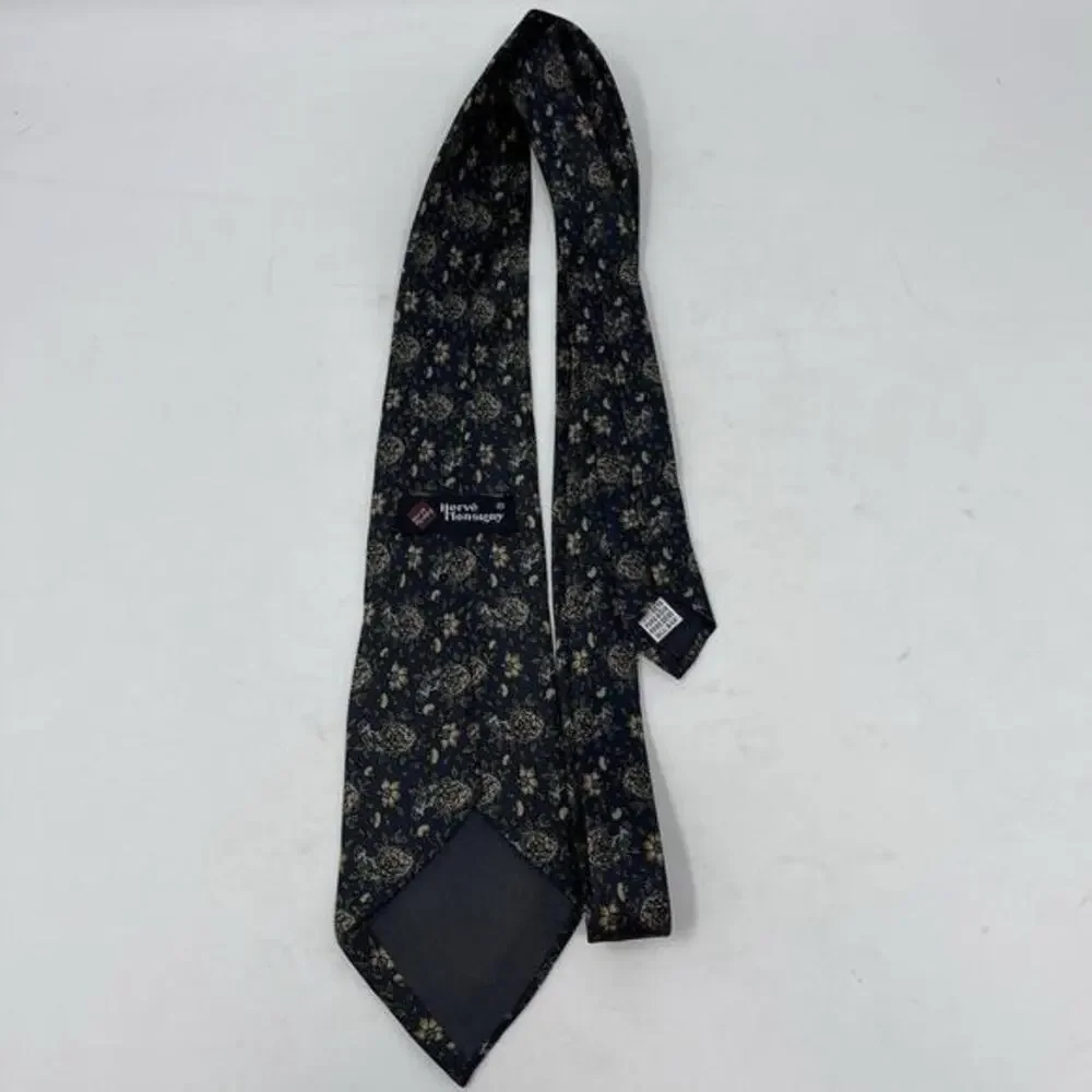 Vintage Herve Monsigny 100% Silk‎ Tie Blue Yellow Floral Print Designer Necktie
